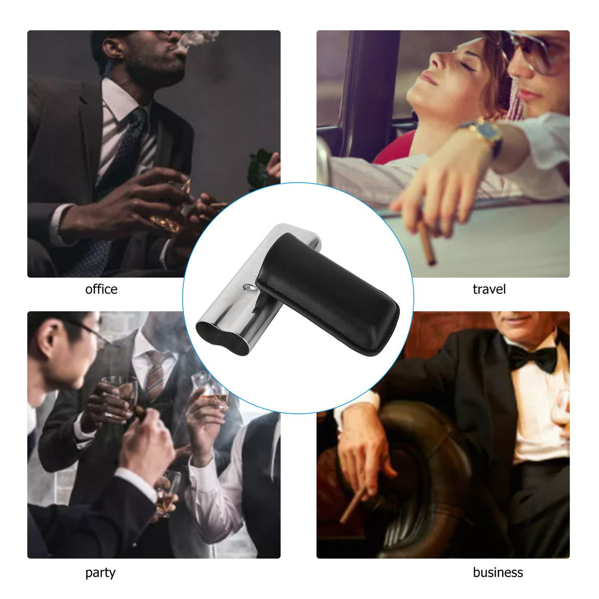Cigar Case Holder Portable Leather 2 Holder Cigar Case with Stainless Steel Tube for Outdoor Travel Black