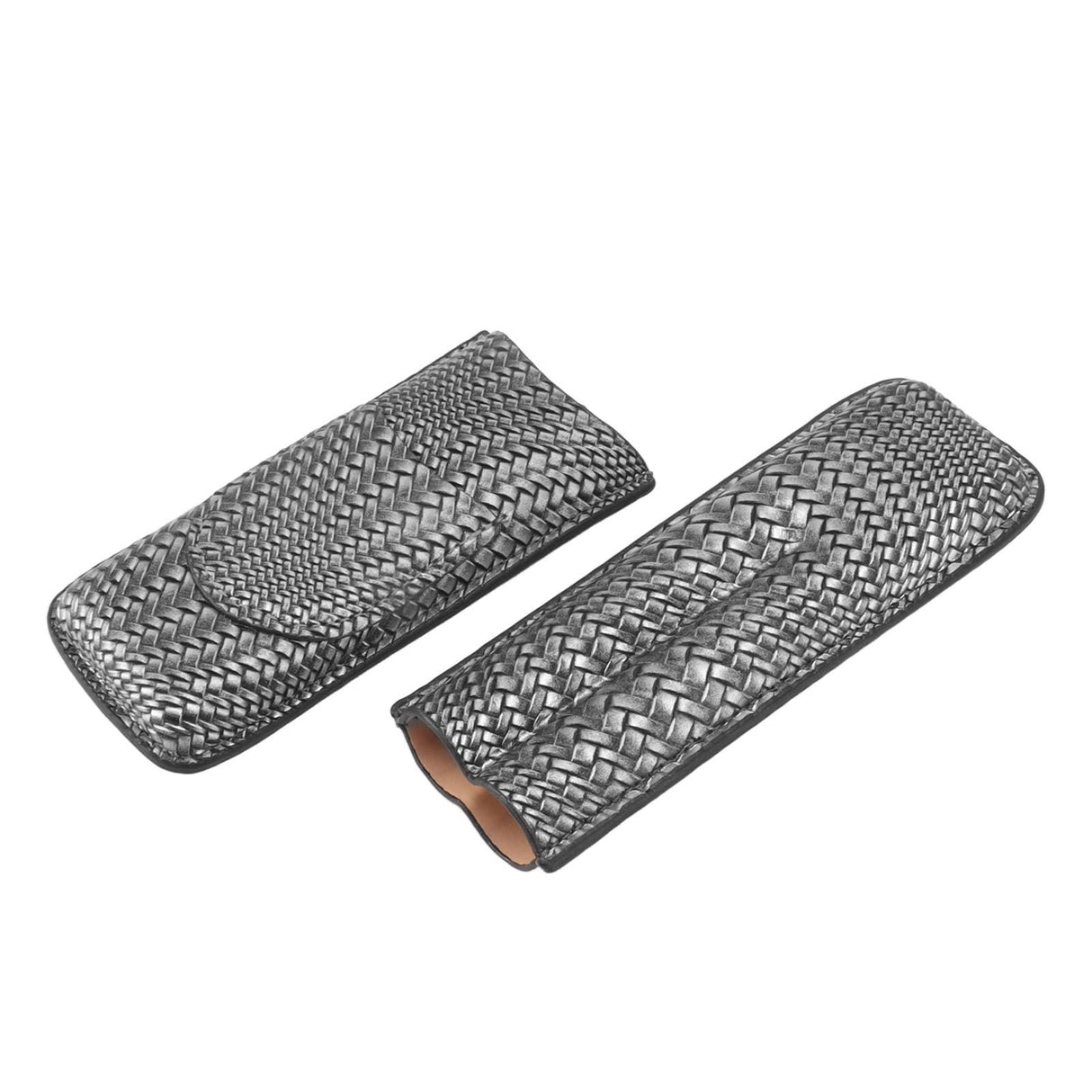 Cigar Case Holder Elegant Vintage Style Woven Pattern Leather Portable 2 Holder Cigar Case Silver