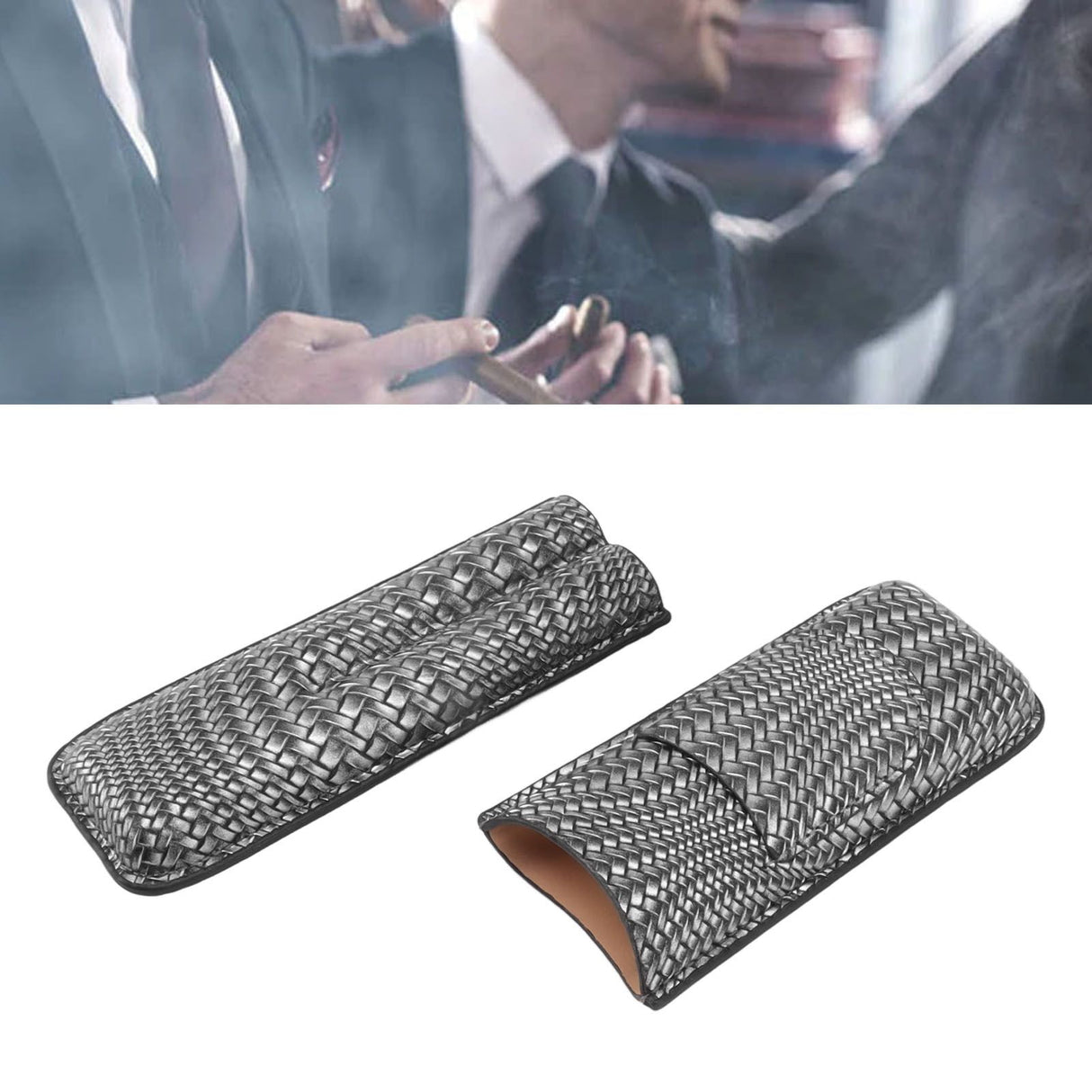 Cigar Case Holder Elegant Vintage Style Woven Pattern Leather Portable 2 Holder Cigar Case Silver