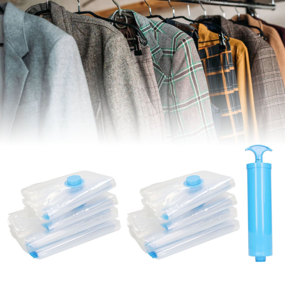 8Pcs Vacuum Compression Bag with 1 Manual Vacuum Air Pump Vacuum Compression Bag Kit