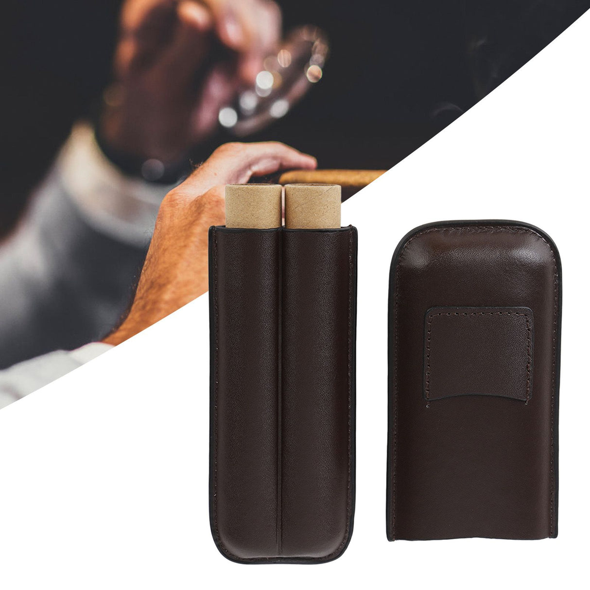 2 Finger Travel Cigar Holder Wearproof Portable Fashion Ventilate Leather Cigar Case with Cutter for Business