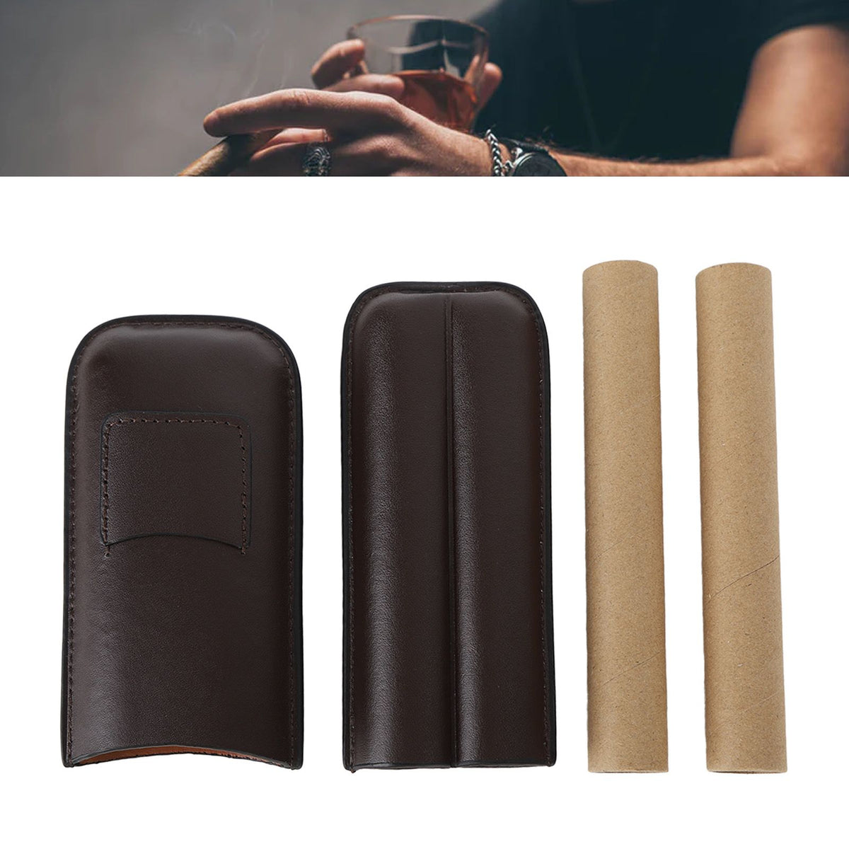 2 Finger Travel Cigar Holder Wearproof Portable Fashion Ventilate Leather Cigar Case with Cutter for Business