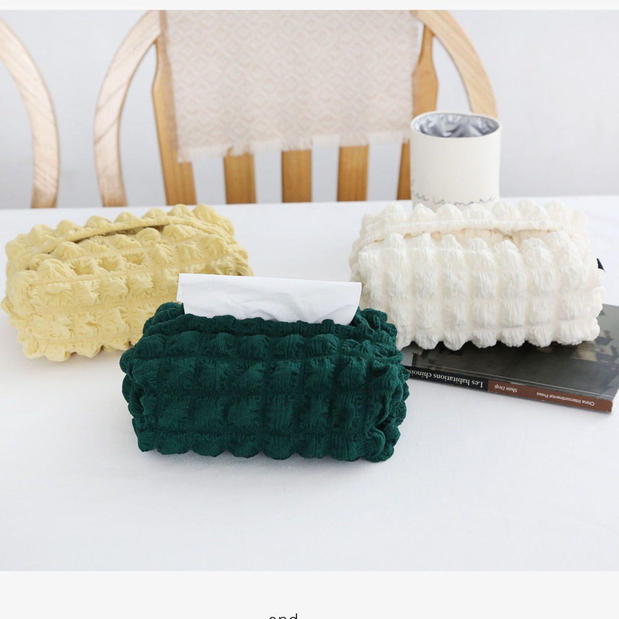 Tissue Box Cover Bag Polyester Cotton Bubble Yarn Decorative Tissue Bag Storage with Thick Canvas Lining Beige
