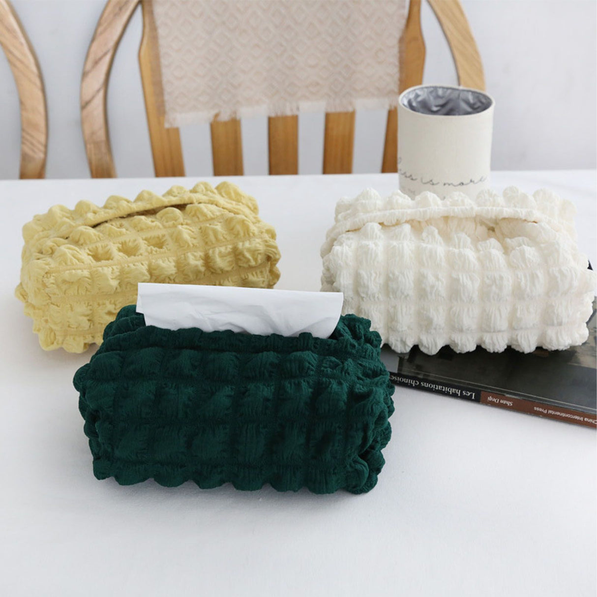 Tissue Box Cover Bag Polyester Cotton Bubble Yarn Decorative Tissue Bag Storage with Thick Canvas Lining Beige