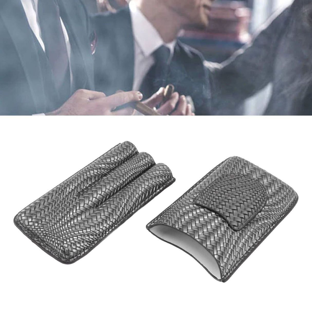 3 Finger Cigar Case Woven Pattern Portable Travel Leather Cigar Humidor Case Smoking Accessories Silver