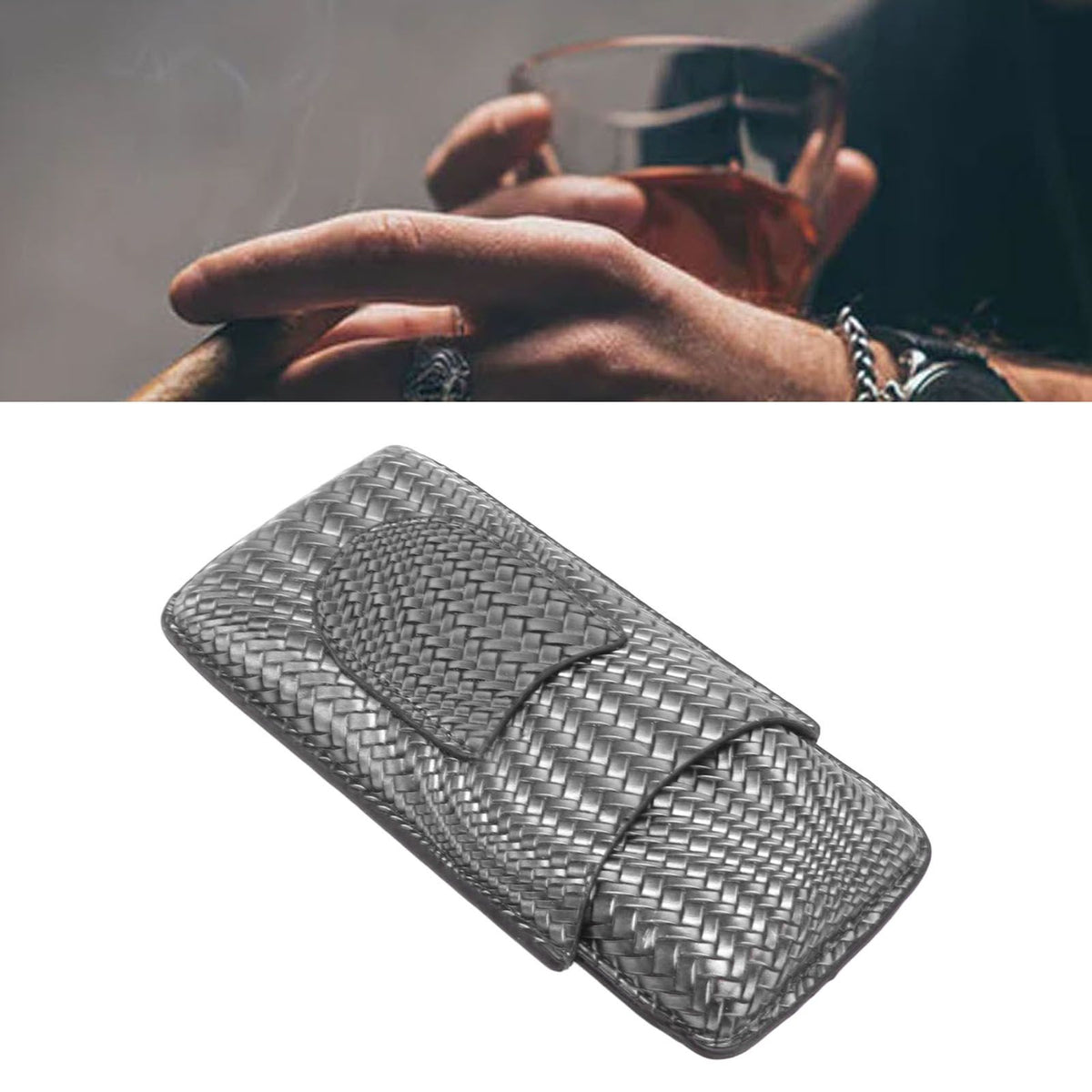 3 Finger Cigar Case Woven Pattern Portable Travel Leather Cigar Humidor Case Smoking Accessories Silver