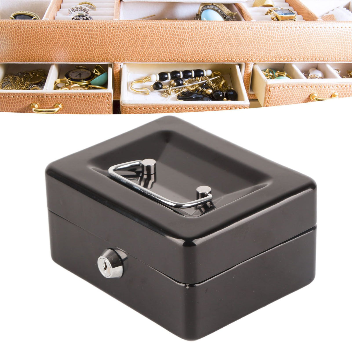 Metal Cash Box 6 Compartments High Safety Money Box with Money Tray and Key Lock for Home Business Black