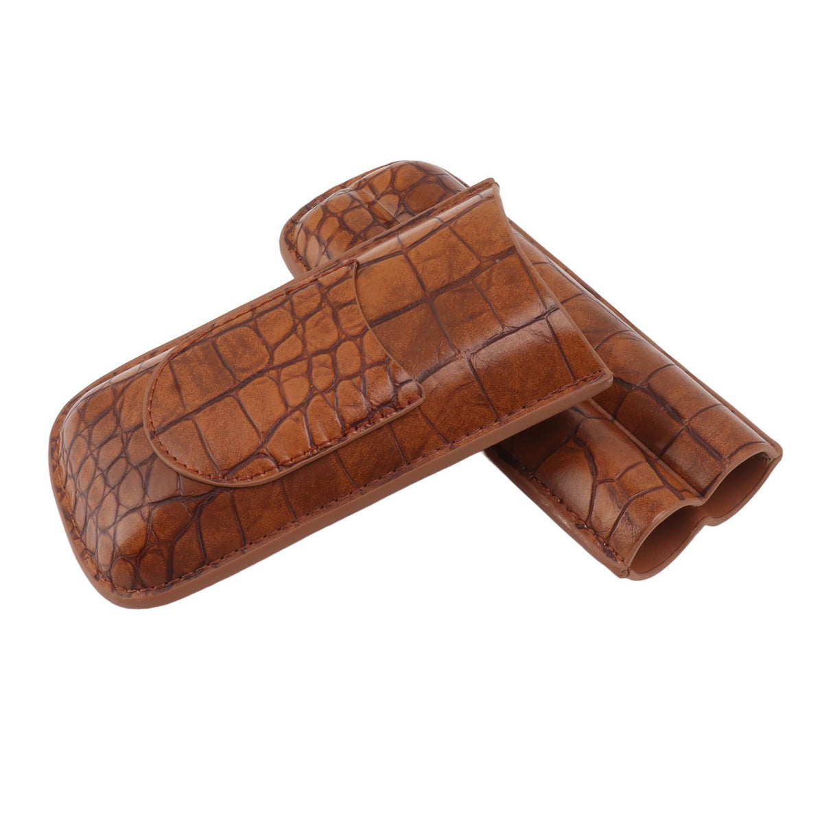 Cigar Case Holder Brown Crocodile Skin Pattern PU Leather 2 Finger Portable Carrying Holder for Travel Anniversary Gifts
