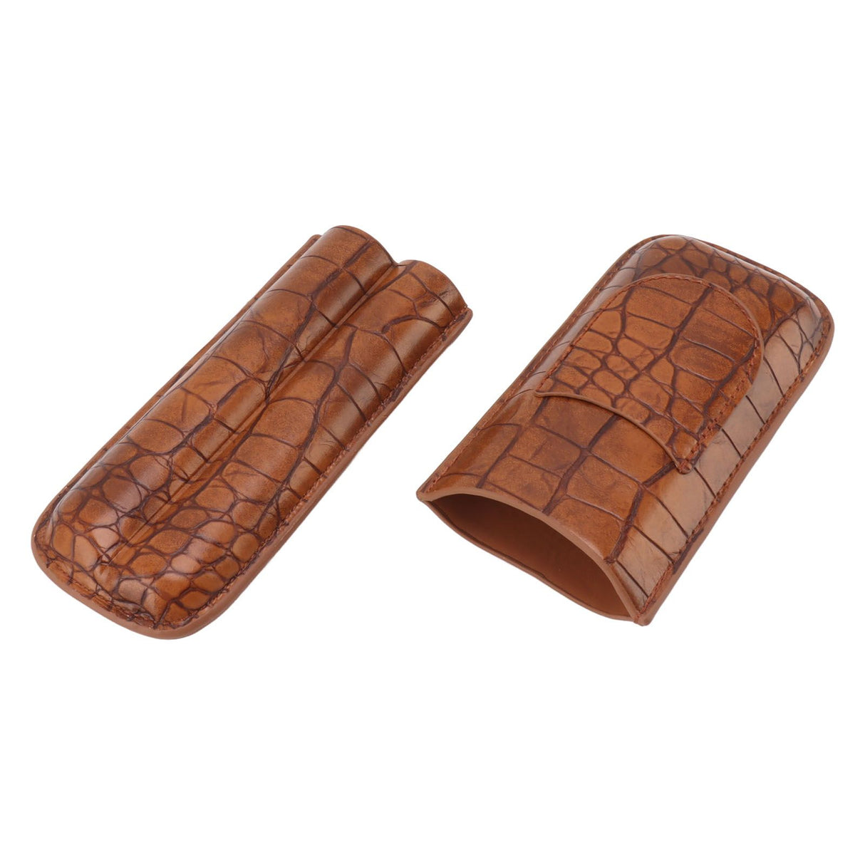 Cigar Case Holder Brown Crocodile Skin Pattern PU Leather 2 Finger Portable Carrying Holder for Travel Anniversary Gifts