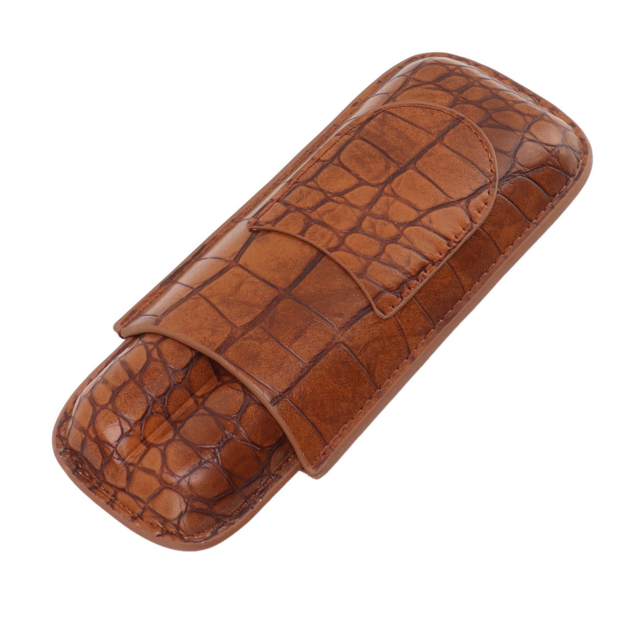Cigar Case Holder Brown Crocodile Skin Pattern PU Leather 2 Finger Portable Carrying Holder for Travel Anniversary Gifts