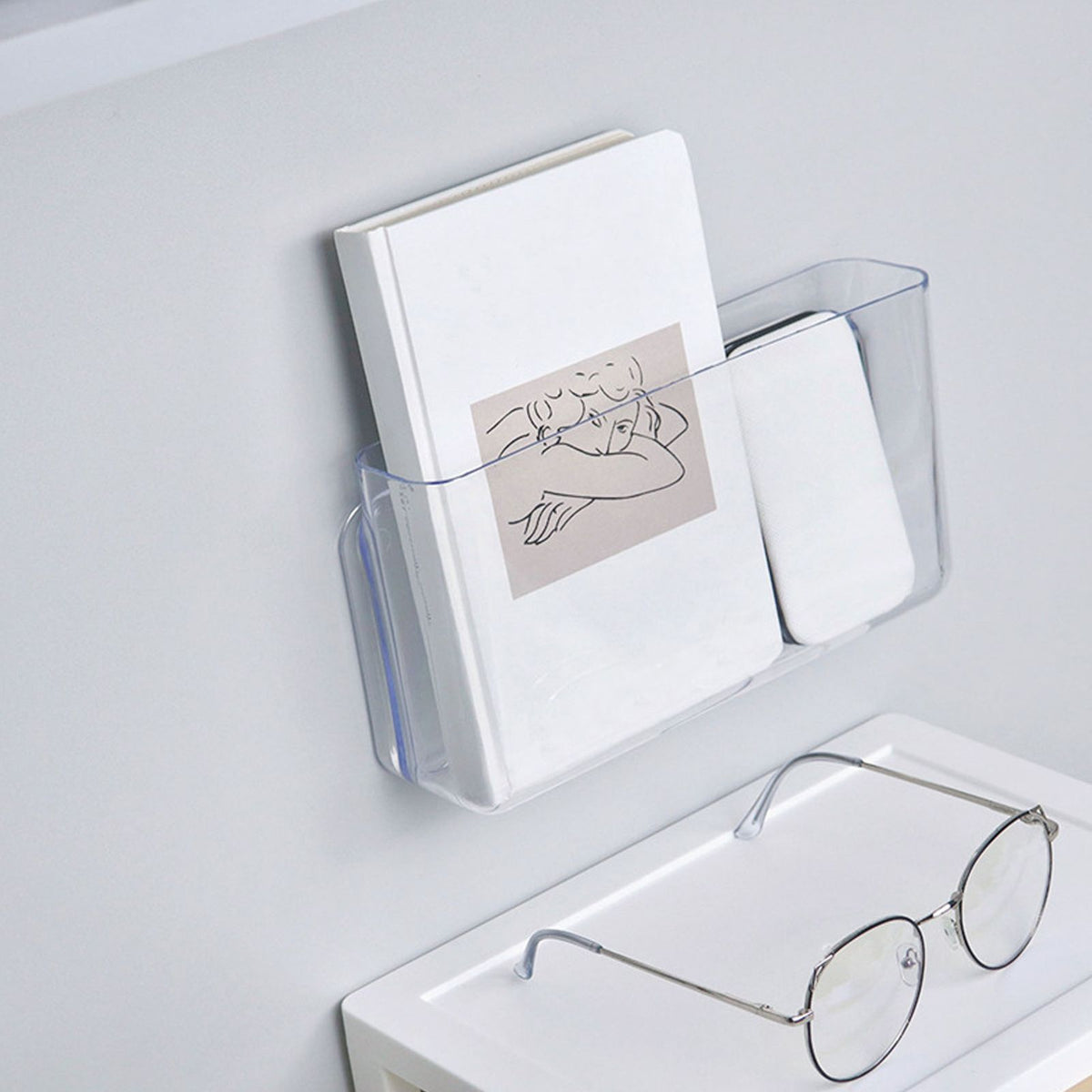 Adhesive Storage Bin Transparent Plastic Wall Mounted Floating Storage Holder Desk Organizer for Bedroom Bathroom L