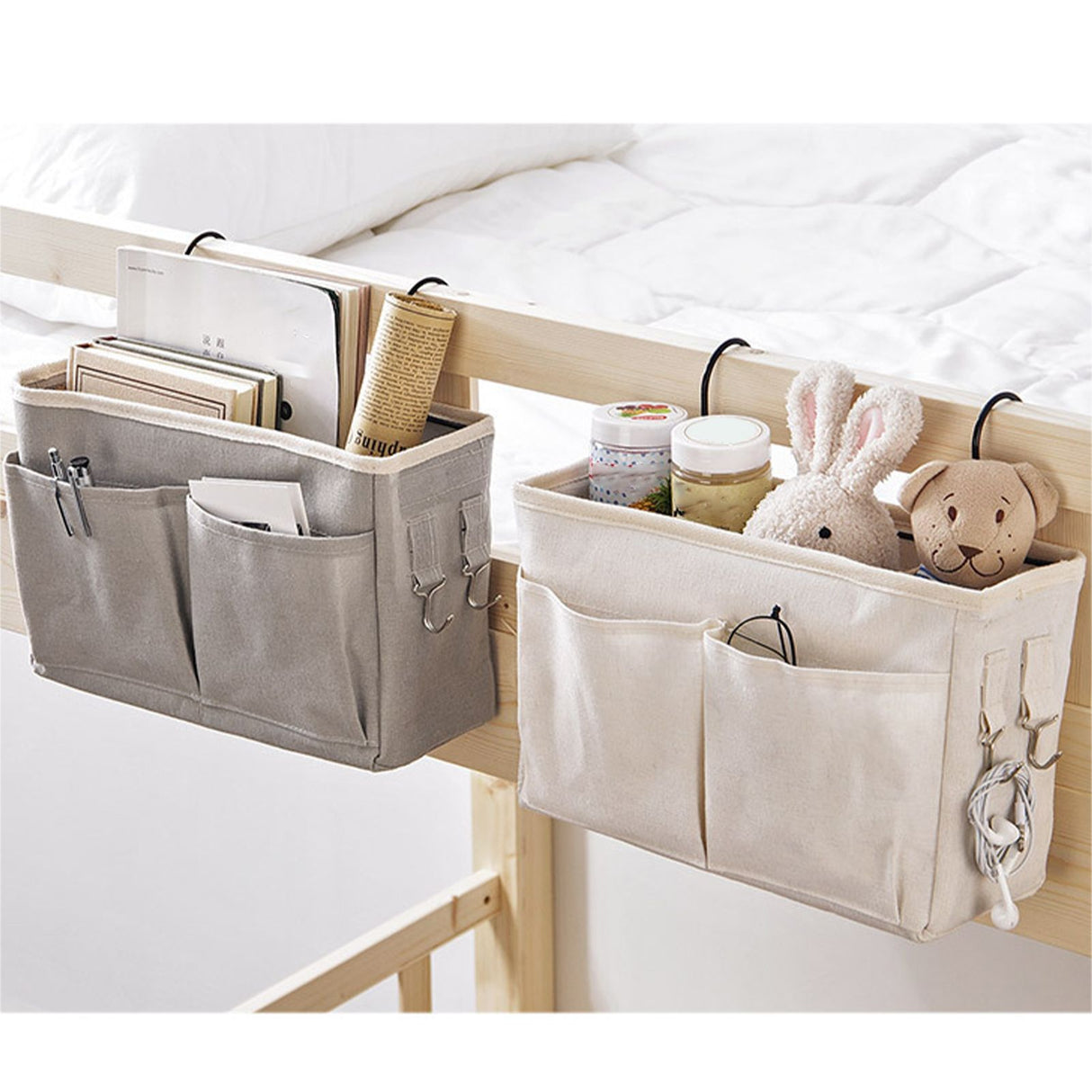 Nightstand Hanging Bag Cotton Linen Bedside Storage Pocket Organizer Basket for Bunk Bed Dorm Rooms White