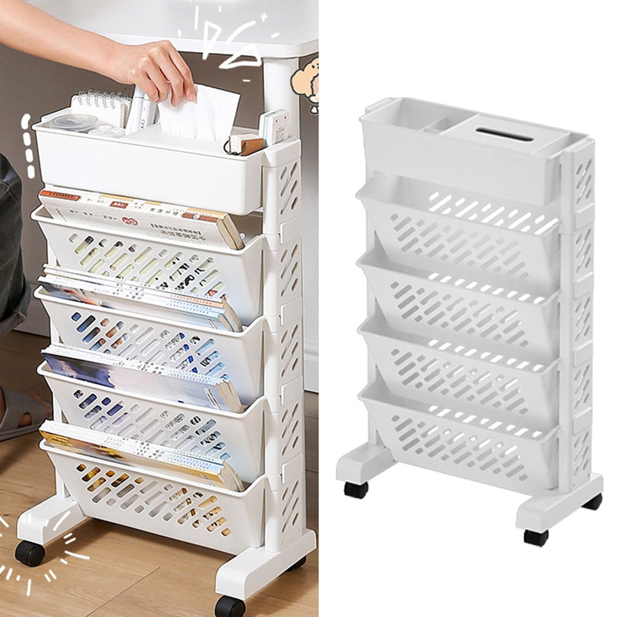 Movable Bookshelf Large Capacity Rotatable Removable Plastic Practical Rolling Organization Shelf 5 Layer