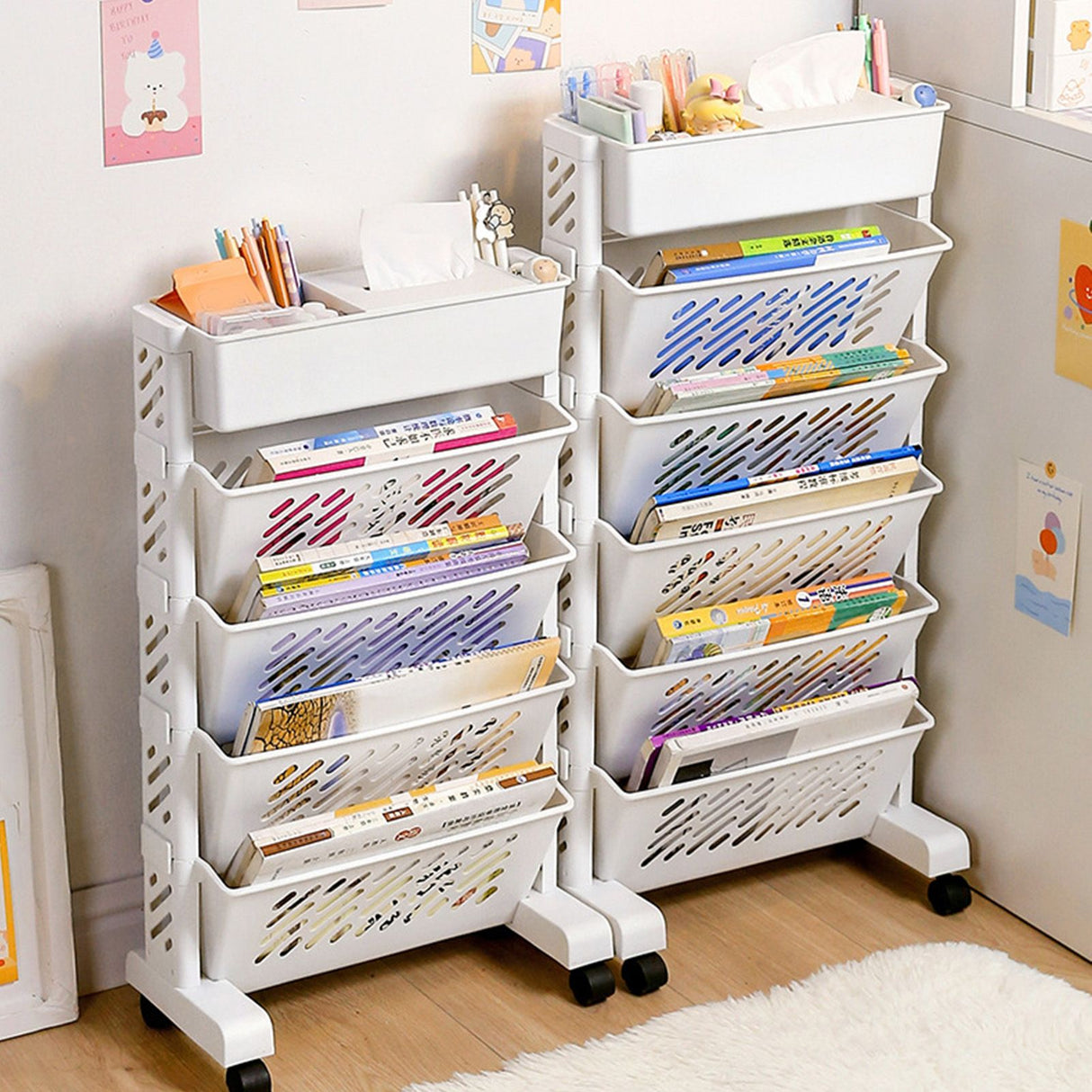 Movable Bookshelf Large Capacity Rotatable Removable Plastic Practical Rolling Organization Shelf 5 Layer