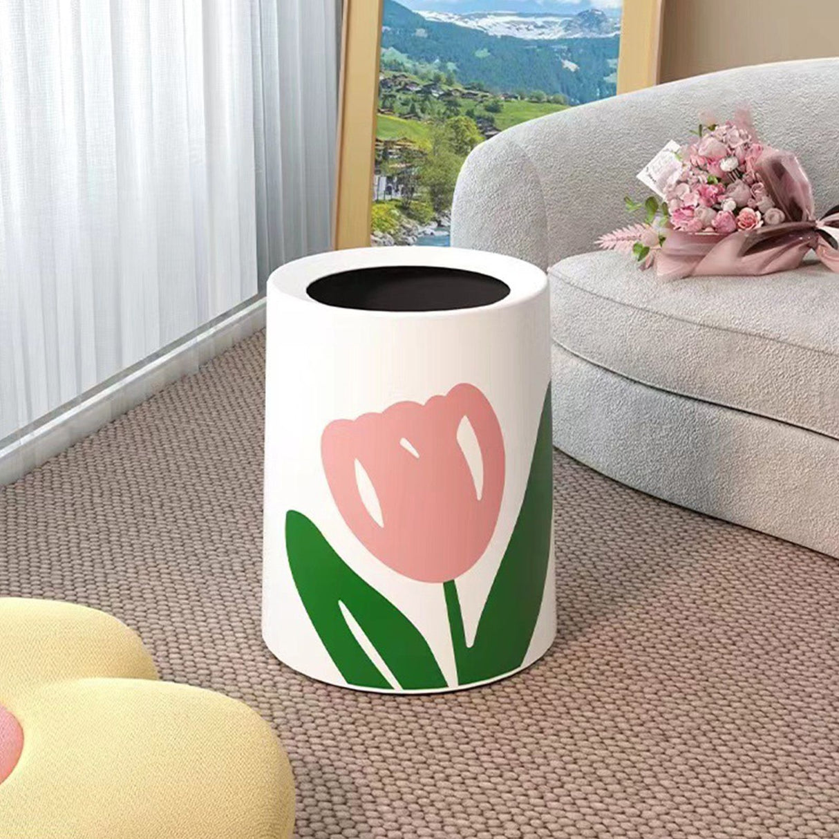 Floral Trash Can Large Mouth Cute Appearance Modern Style Garbage Waste Basket for Kitchen Bathroom Bedroom Round Large Size