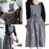 Cooking Apron Flower Embroidery Waterproof Wear Resistant Baking Apron for Coffee Shop Home Dark Grey