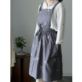 Cooking Apron Flower Embroidery Waterproof Wear Resistant Baking Apron for Coffee Shop Home Dark Grey
