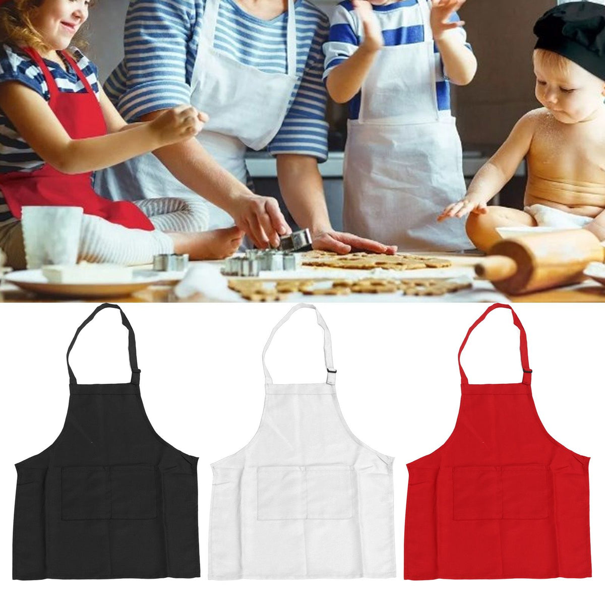 3Pcs Children Aprons Baking DIY Kids Aprons with Pockets for Boys Girls Aged 3‑6 White Red Black M Size 56cm Length
