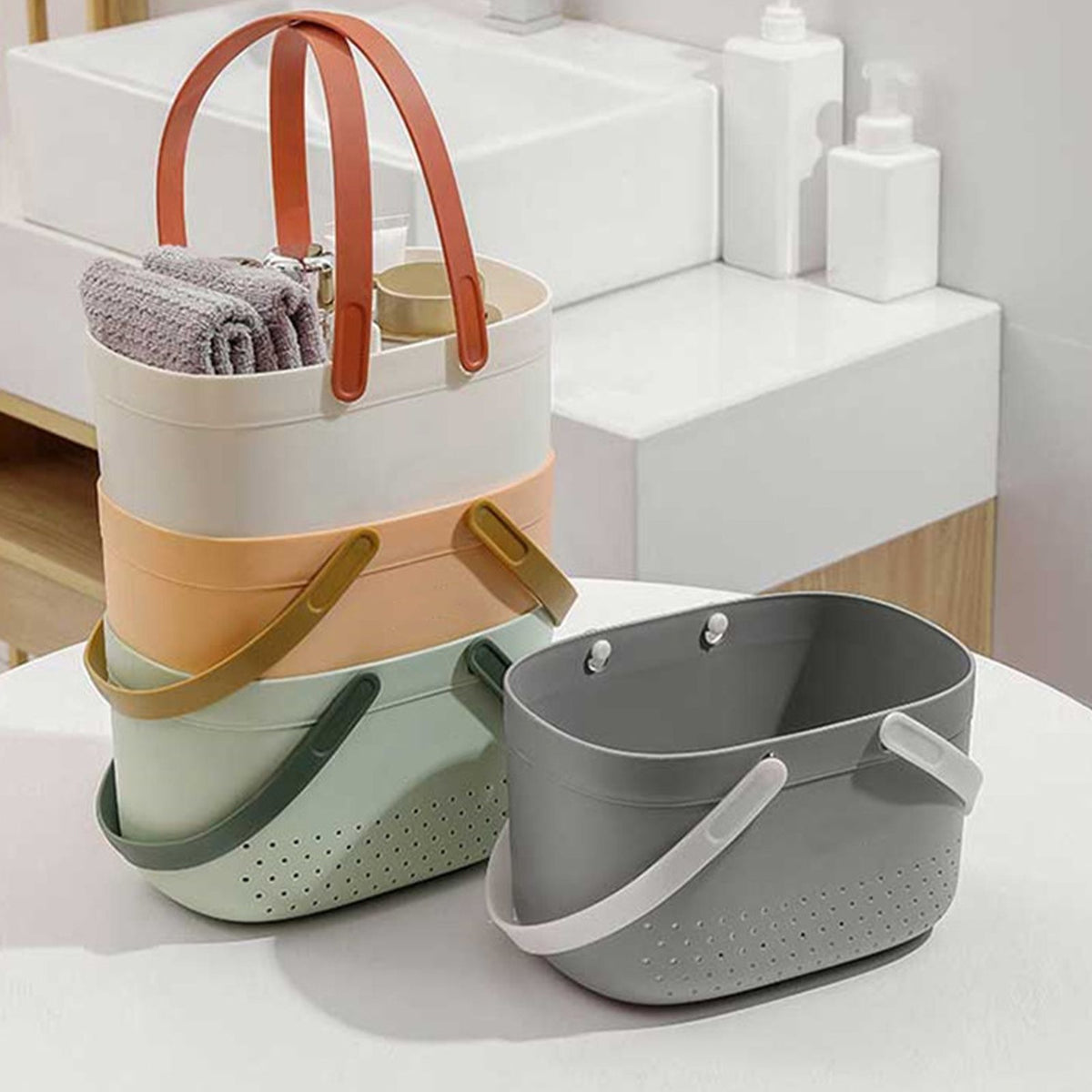 Portable Shower Basket with Ventilation Holes Large Capacity Plastic Portable Storage Basket with Handles for Bathroom White