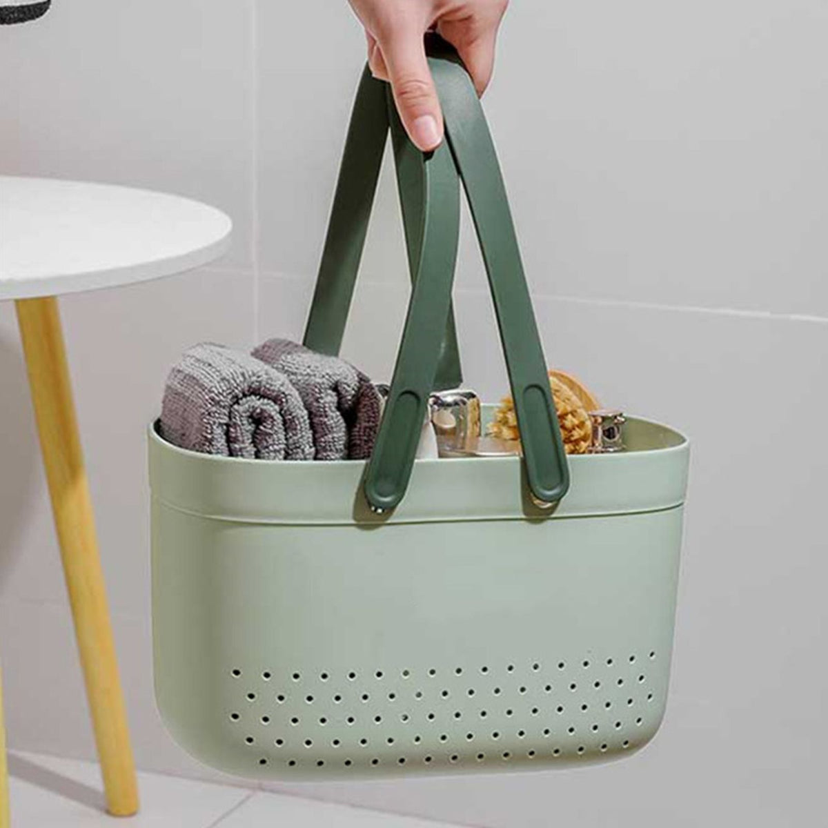 Portable Shower Basket with Ventilation Holes Large Capacity Plastic Portable Storage Basket with Handles for Bathroom Green