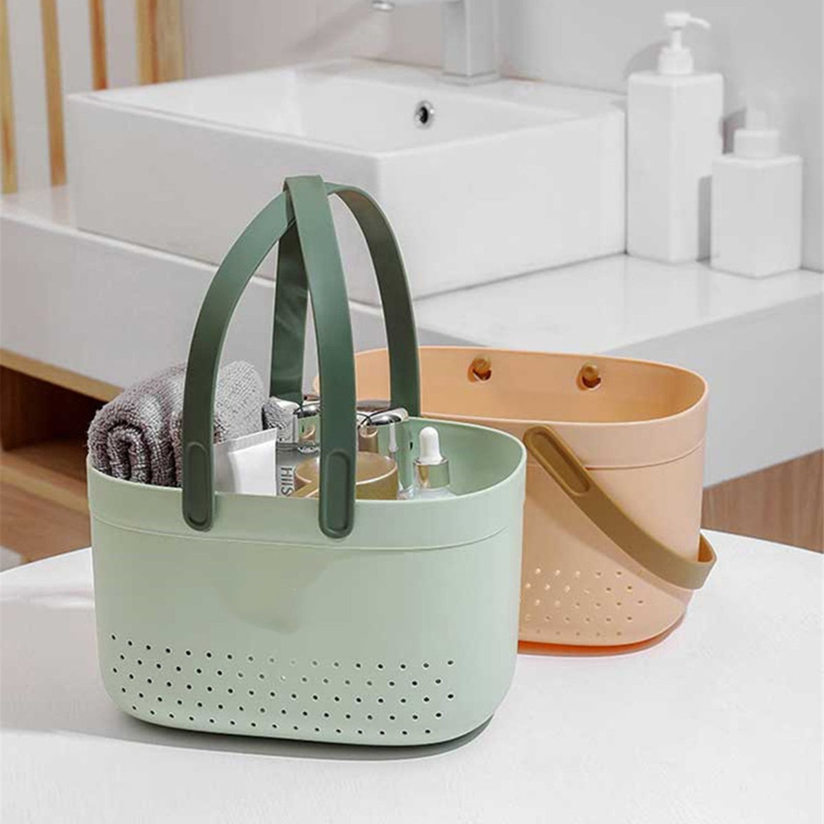 Portable Shower Basket with Ventilation Holes Large Capacity Plastic Portable Storage Basket with Handles for Bathroom Green