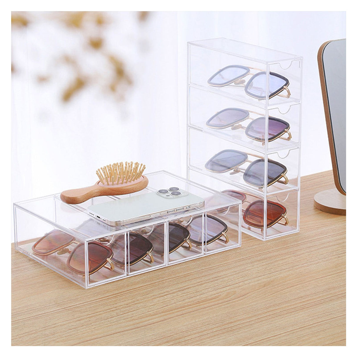Glasses Storage Box 4 Layers Stackable Transparent Sunglasses Display Organizer for Office Bedroom