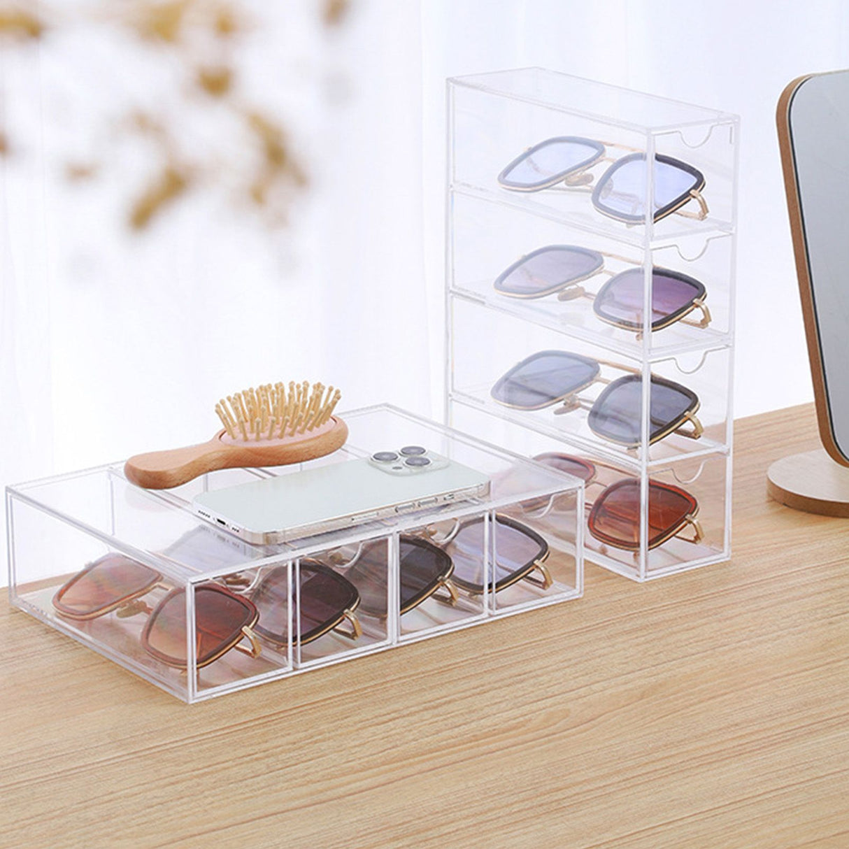 Glasses Storage Box 4 Layers Stackable Transparent Sunglasses Display Organizer for Office Bedroom