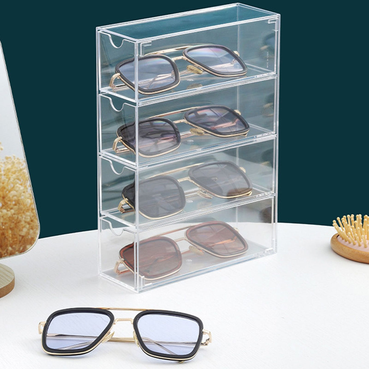 Glasses Storage Box 4 Layers Stackable Transparent Sunglasses Display Organizer for Office Bedroom