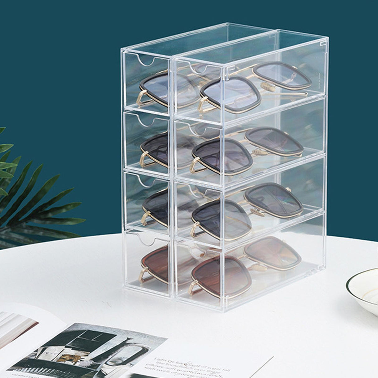 Glasses Storage Box 4 Layers Stackable Transparent Sunglasses Display Organizer for Office Bedroom