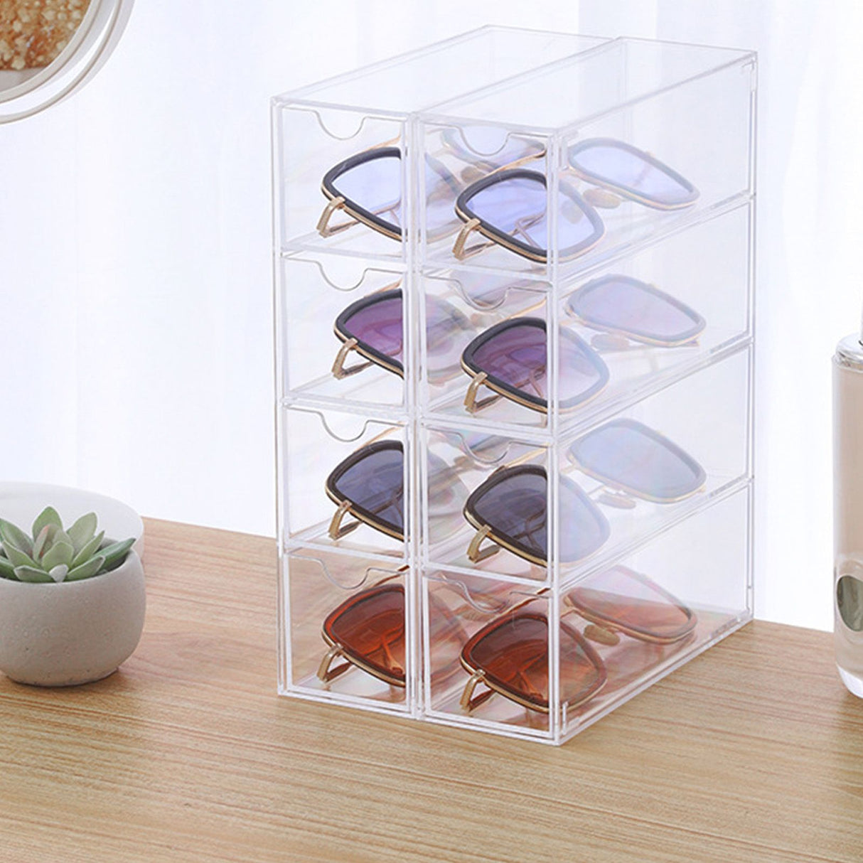 Glasses Storage Box 4 Layers Stackable Transparent Sunglasses Display Organizer for Office Bedroom