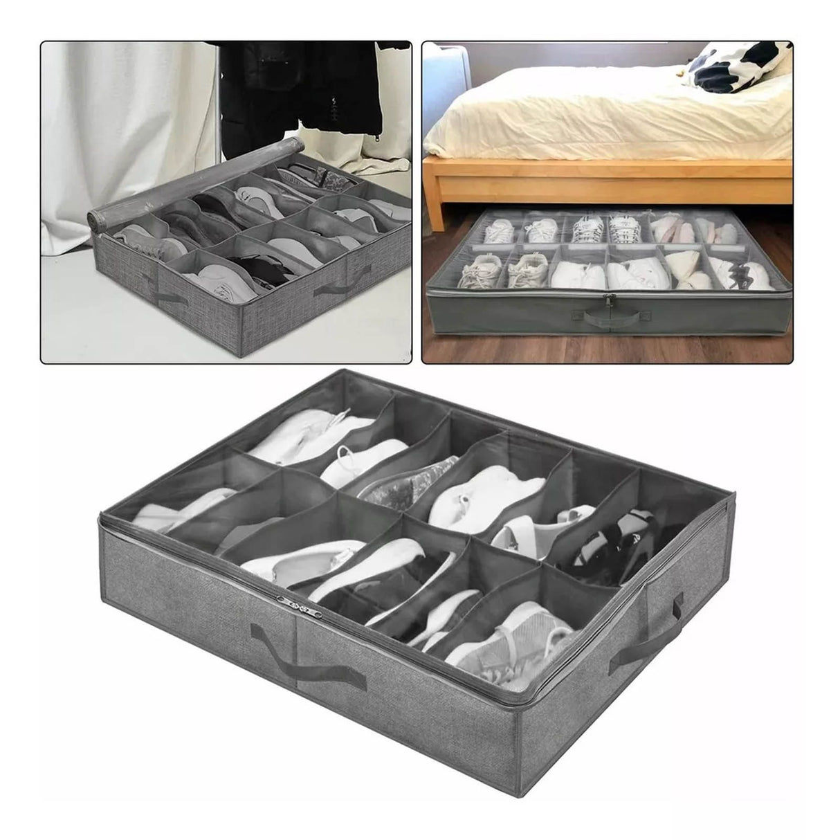 Under Bed Shoe Storage Organizer Drawer Foldable Fabric Container Box Closet with Cover Clear Window Gray Brushed