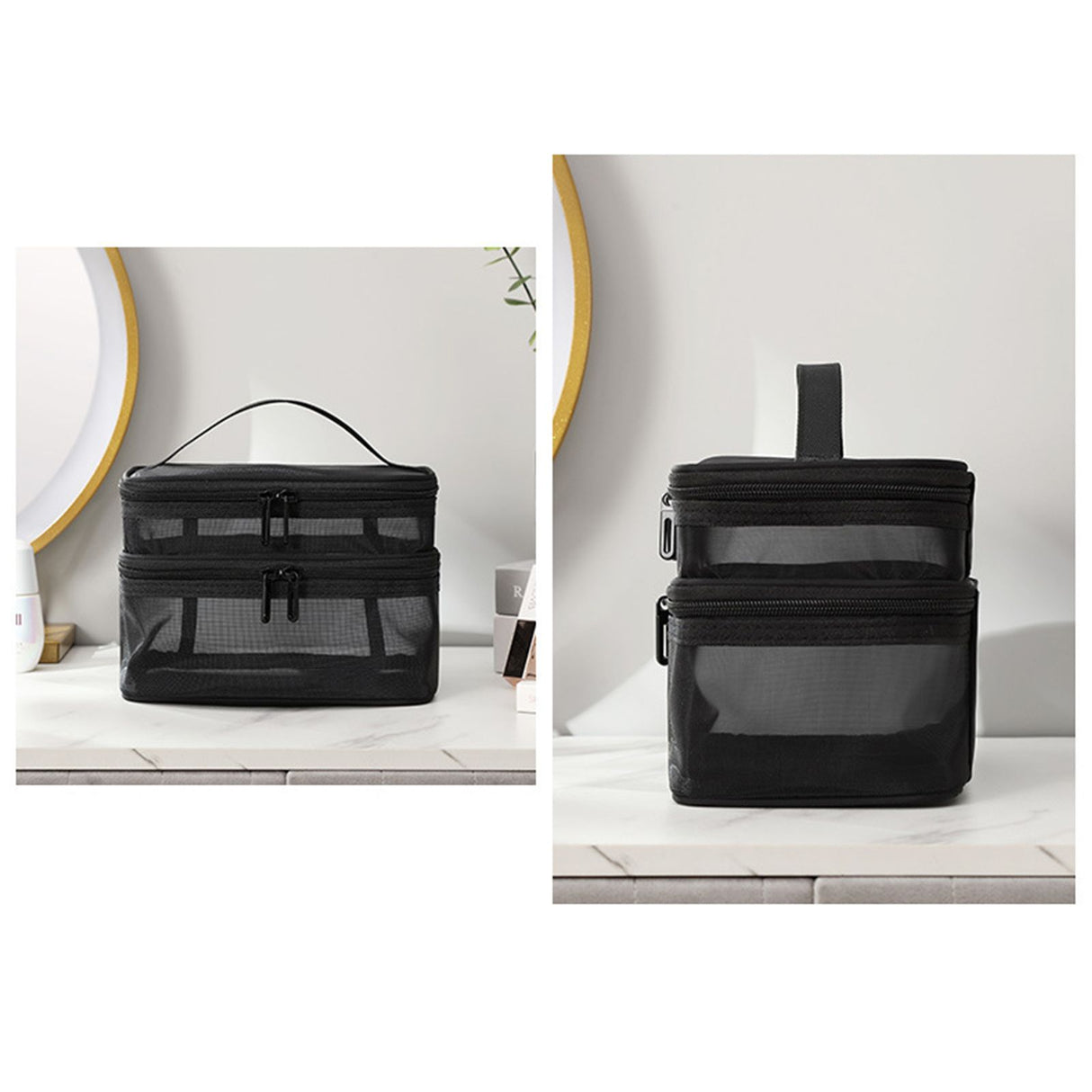 Double Layer Cosmetic Bag Easy Classification Large Capacity Mesh Cosmetic Bag with Sturdy Handle for Travel Black Double Layer