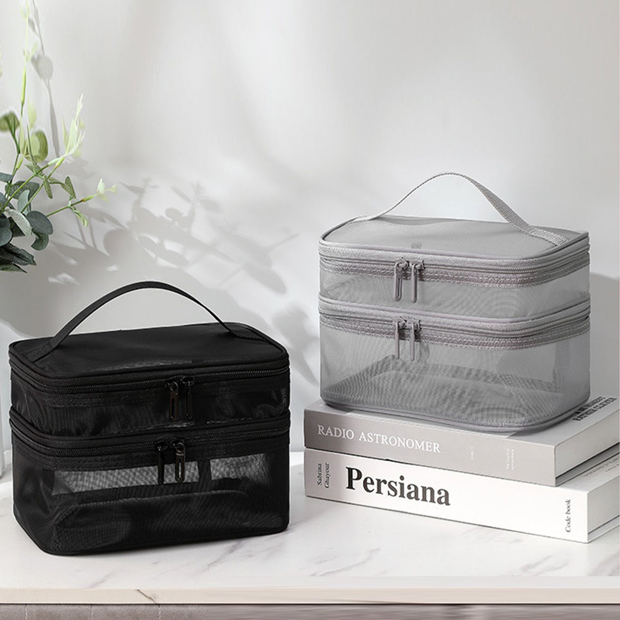 Double Layer Cosmetic Bag Easy Classification Large Capacity Mesh Cosmetic Bag with Sturdy Handle for Travel Black Double Layer