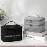 Double Layer Cosmetic Bag Easy Classification Large Capacity Mesh Cosmetic Bag with Sturdy Handle for Travel Black Double Layer - 45-Degree Angle