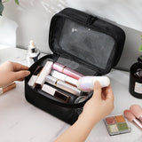 Double Layer Cosmetic Bag Easy Classification Large Capacity Mesh Cosmetic Bag with Sturdy Handle for Travel Black Double Layer - Close-Up Angle