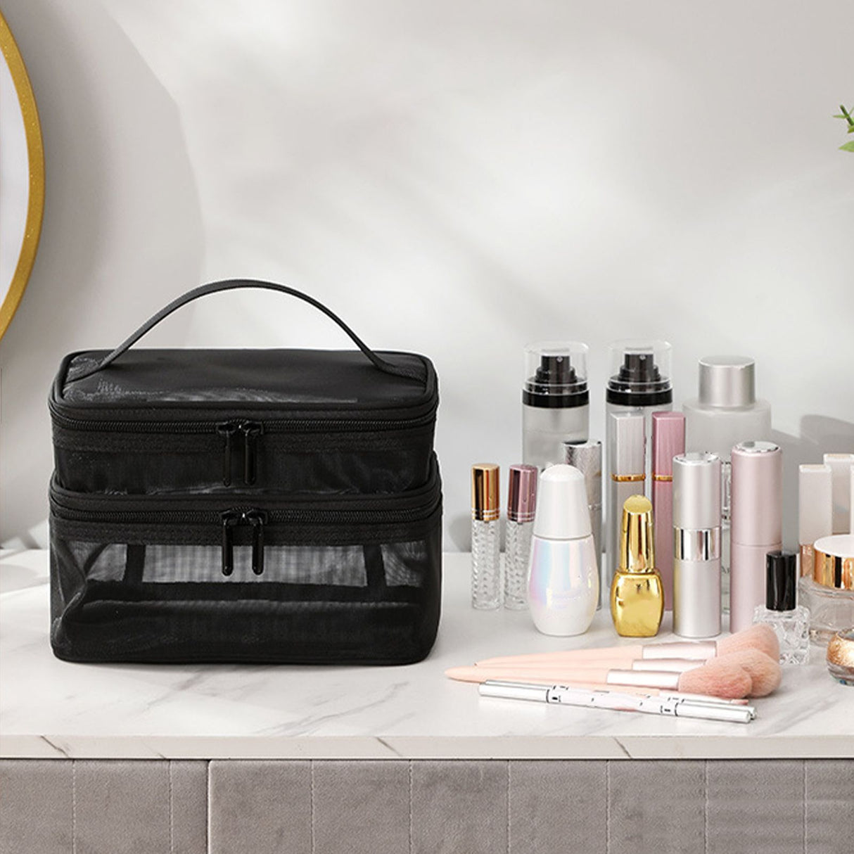 Double Layer Cosmetic Bag Easy Classification Large Capacity Mesh Cosmetic Bag with Sturdy Handle for Travel Black Double Layer