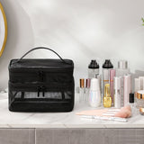Double Layer Cosmetic Bag Easy Classification Large Capacity Mesh Cosmetic Bag with Sturdy Handle for Travel Black Double Layer - Low Angle