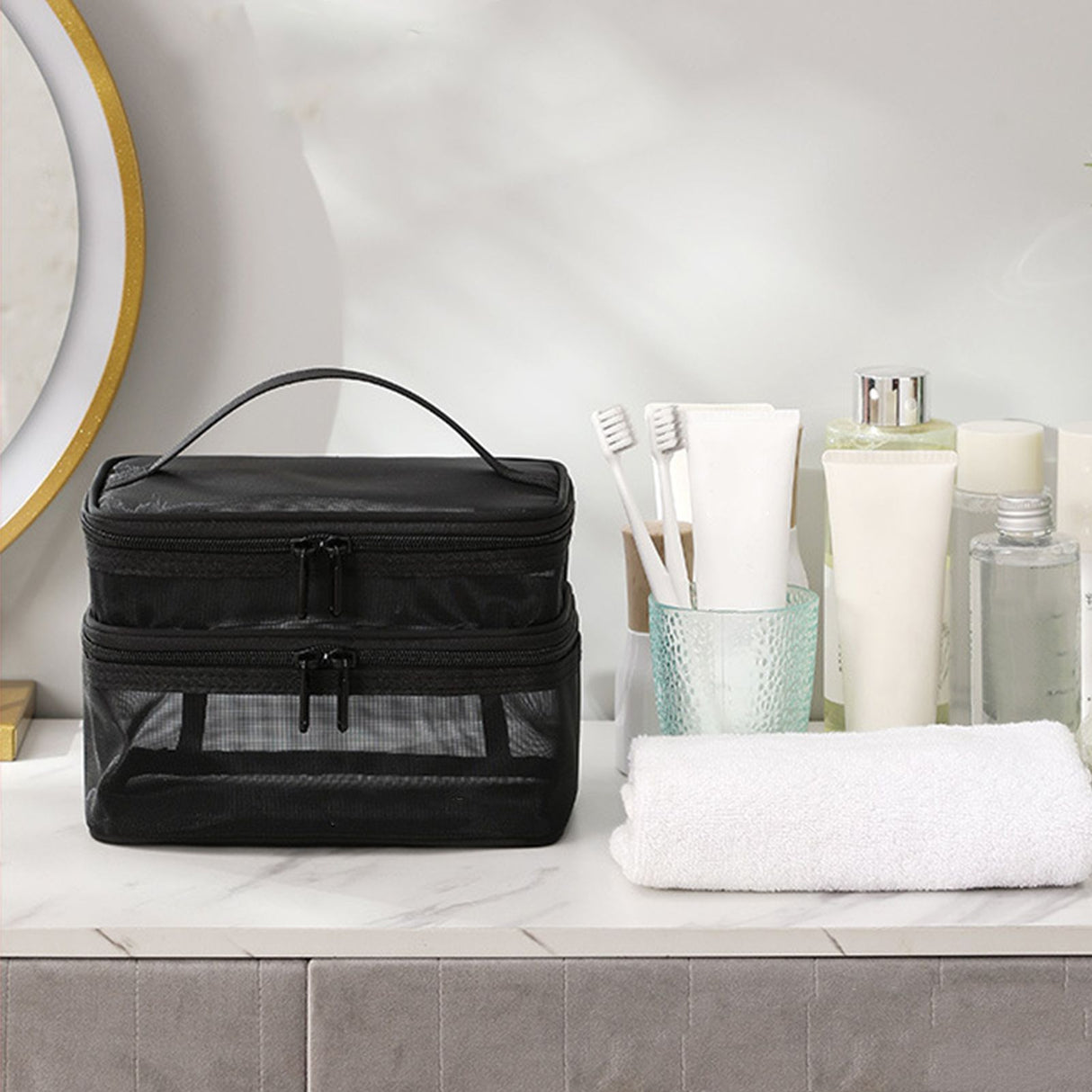 Double Layer Cosmetic Bag Easy Classification Large Capacity Mesh Cosmetic Bag with Sturdy Handle for Travel Black Double Layer