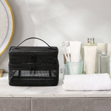 Double Layer Cosmetic Bag Easy Classification Large Capacity Mesh Cosmetic Bag with Sturdy Handle for Travel Black Double Layer - Extra Image