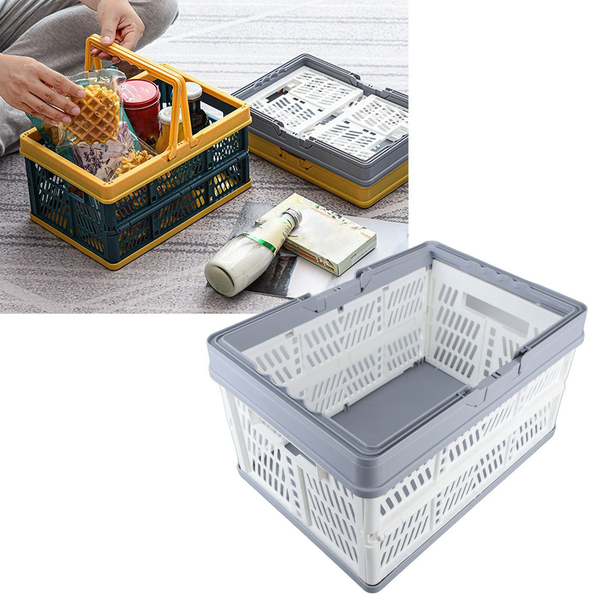 Collapsible Baskets with Handles PP Waterproof Collapsible Storage Crates for Home Kitchen Bedroom Office White Large Size