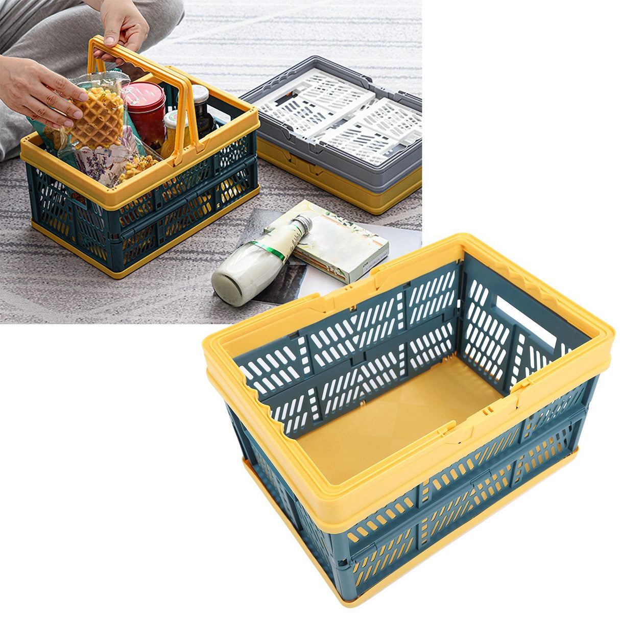 Collapsible Baskets with Handles PP Waterproof Collapsible Storage Crates for Home Kitchen Bedroom Office Yellow Green Large Size