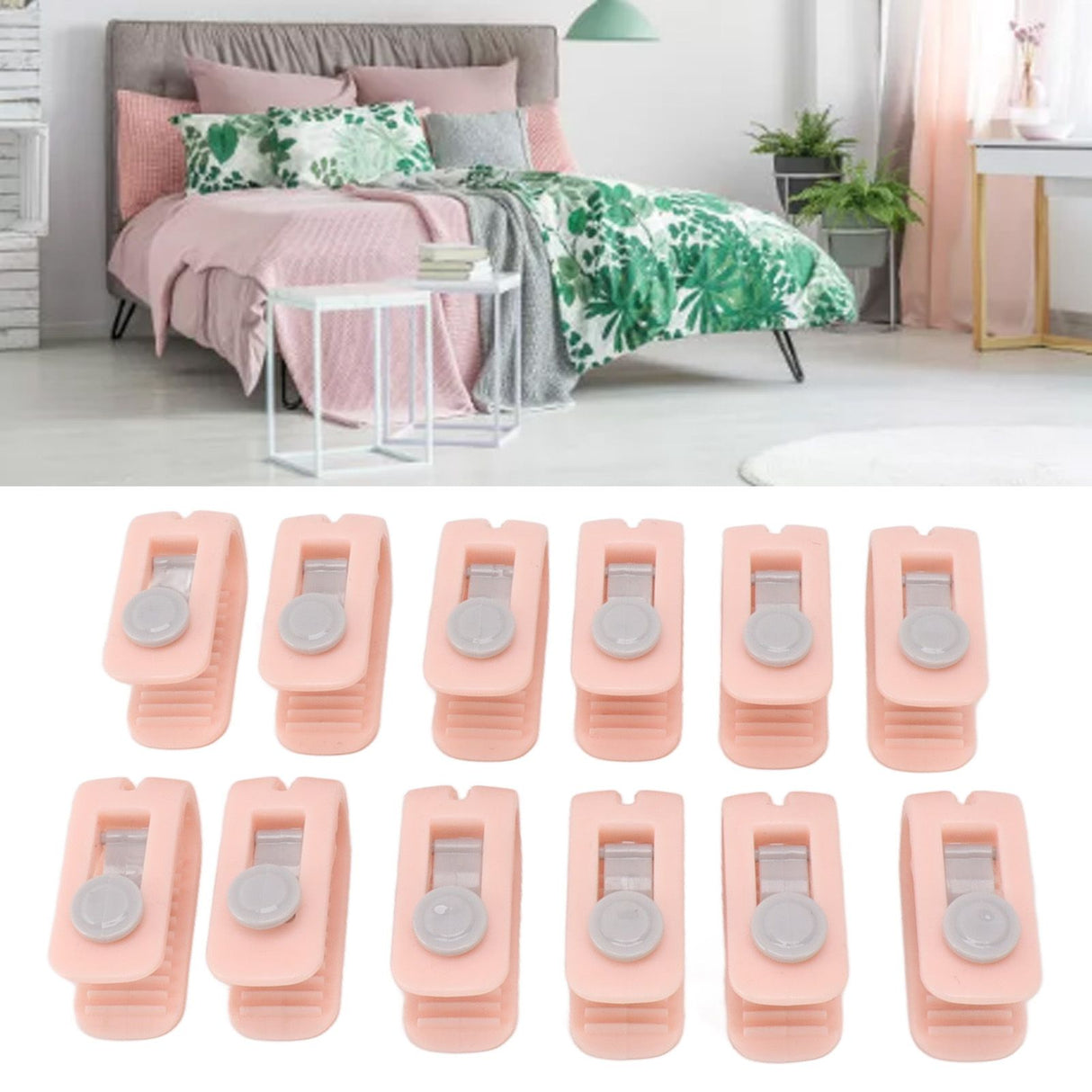 12pcs Bed Sheet Clips Prevent Slip Needleless Safe 180 Degree Closure Universal Quilt Cover Fastener for Home Pink