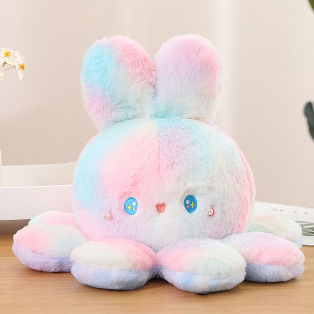 Reversible Octopus Doll Gradient Color Cute Bunny Ear Octopus Plush Toy Double Sided Stuffed Animal Pink Purple 20cm/7.9in