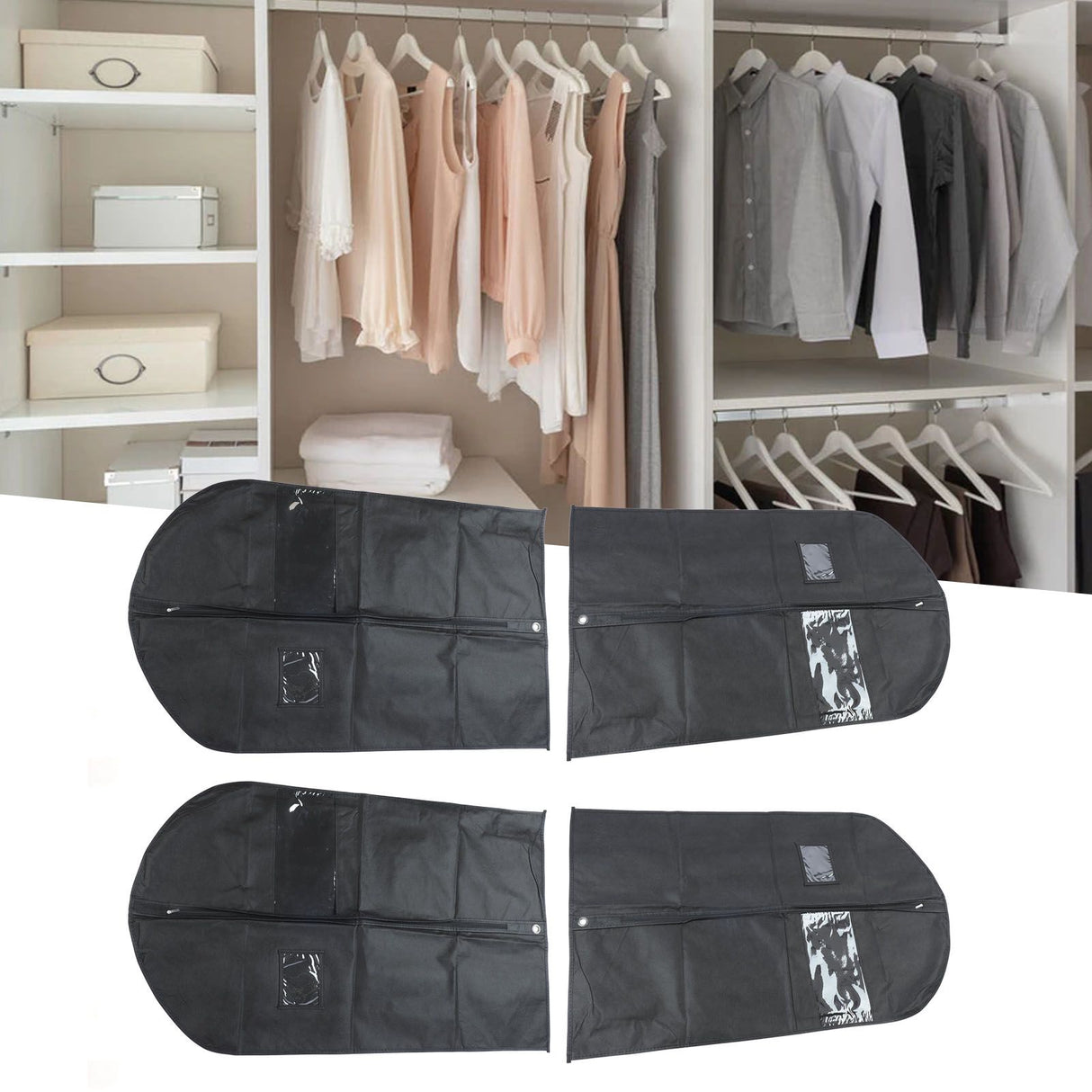 4pcs Garment Bags Waterproof Dustproof Thickened Suit Bag with Transparent Window for Storage Travel Black 100x60cm/39.4x23.6in