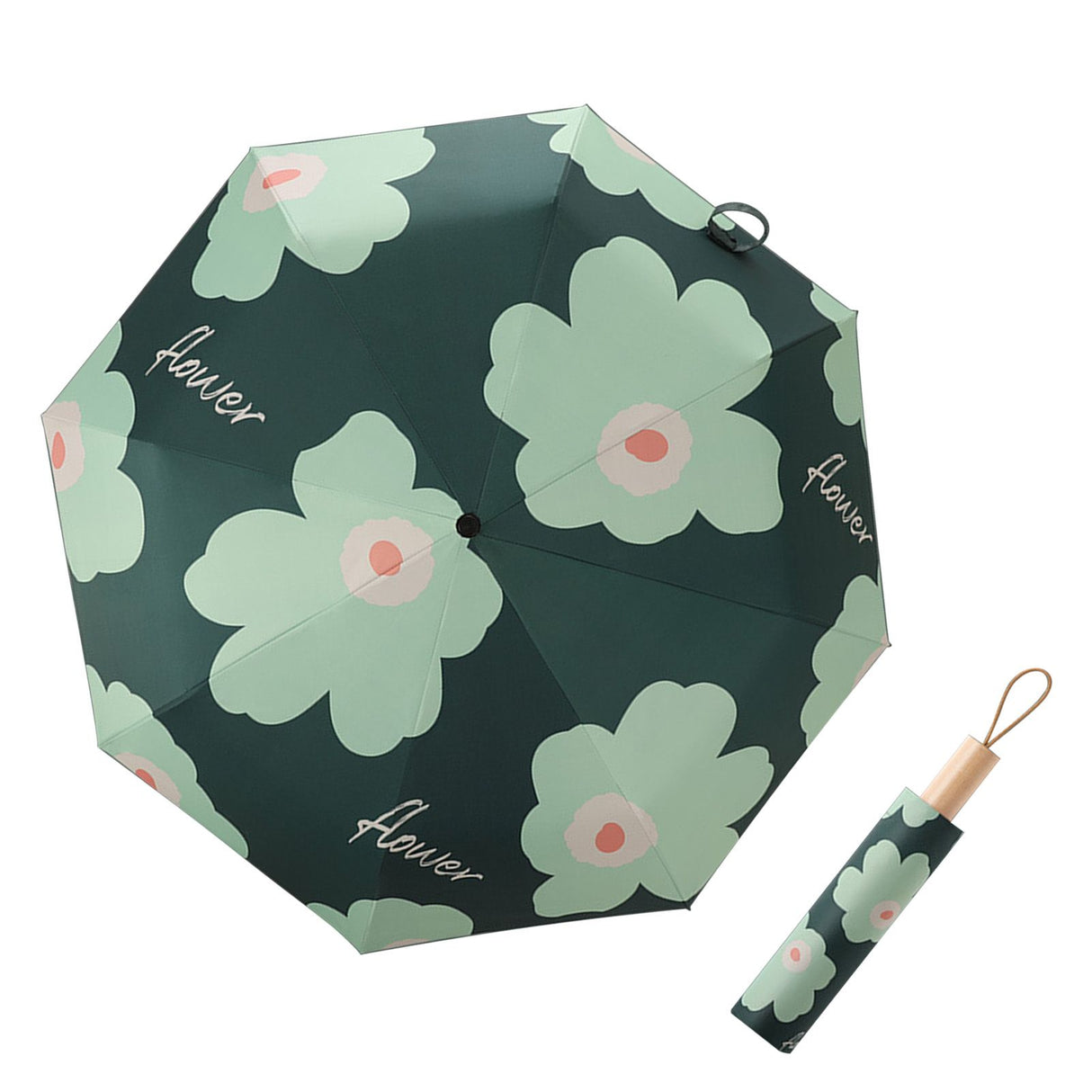 Flower Pattern Folding Umbrella UV Protection Foldable Rain Shine Dual Use Sun Umbrella for Travelling Blackish Green