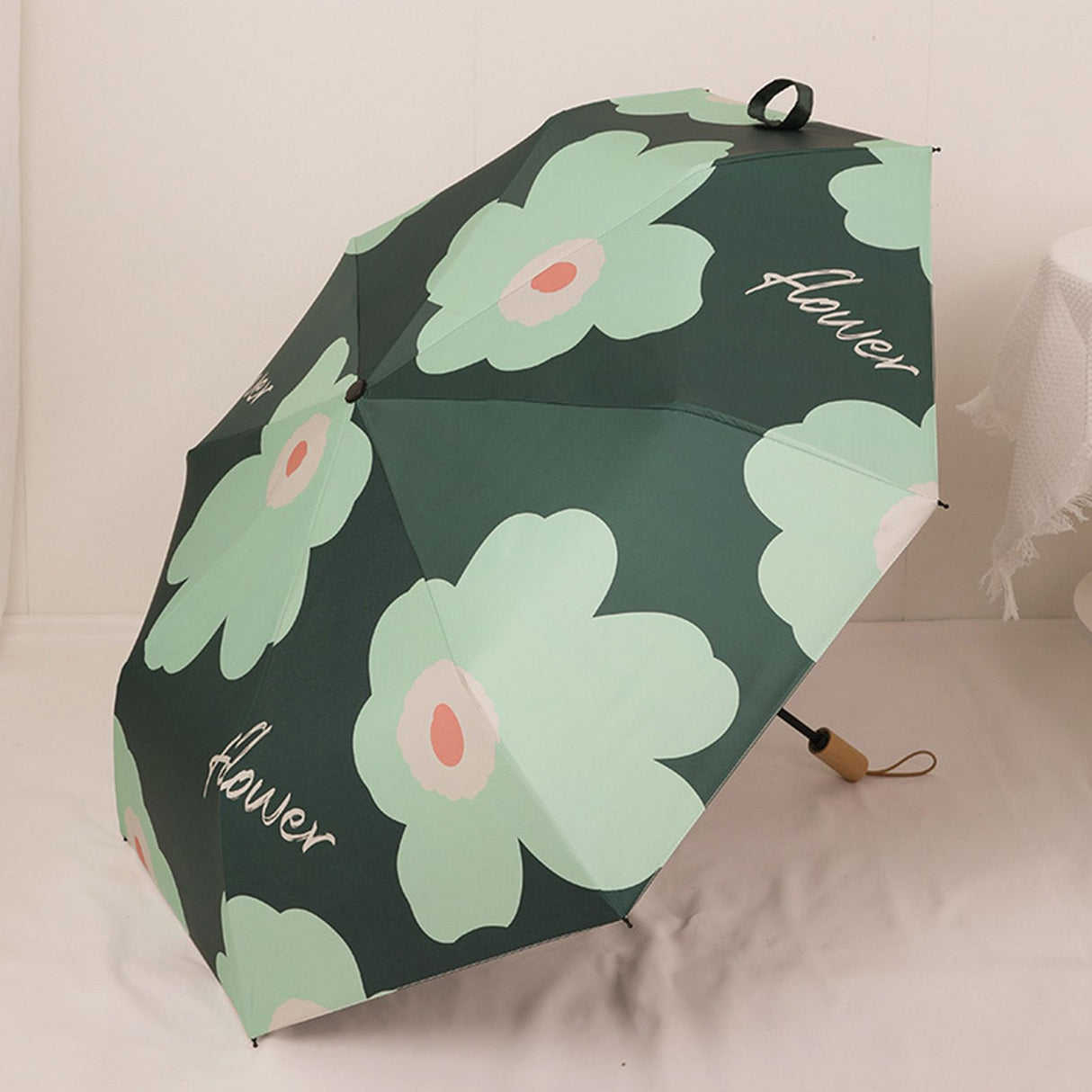 Flower Pattern Folding Umbrella UV Protection Foldable Rain Shine Dual Use Sun Umbrella for Travelling Blackish Green