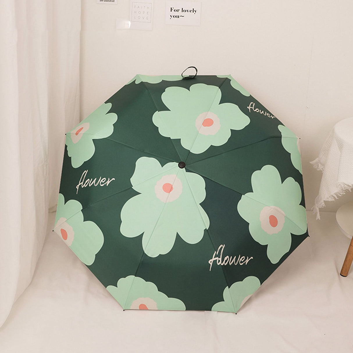 Flower Pattern Folding Umbrella UV Protection Foldable Rain Shine Dual Use Sun Umbrella for Travelling Blackish Green