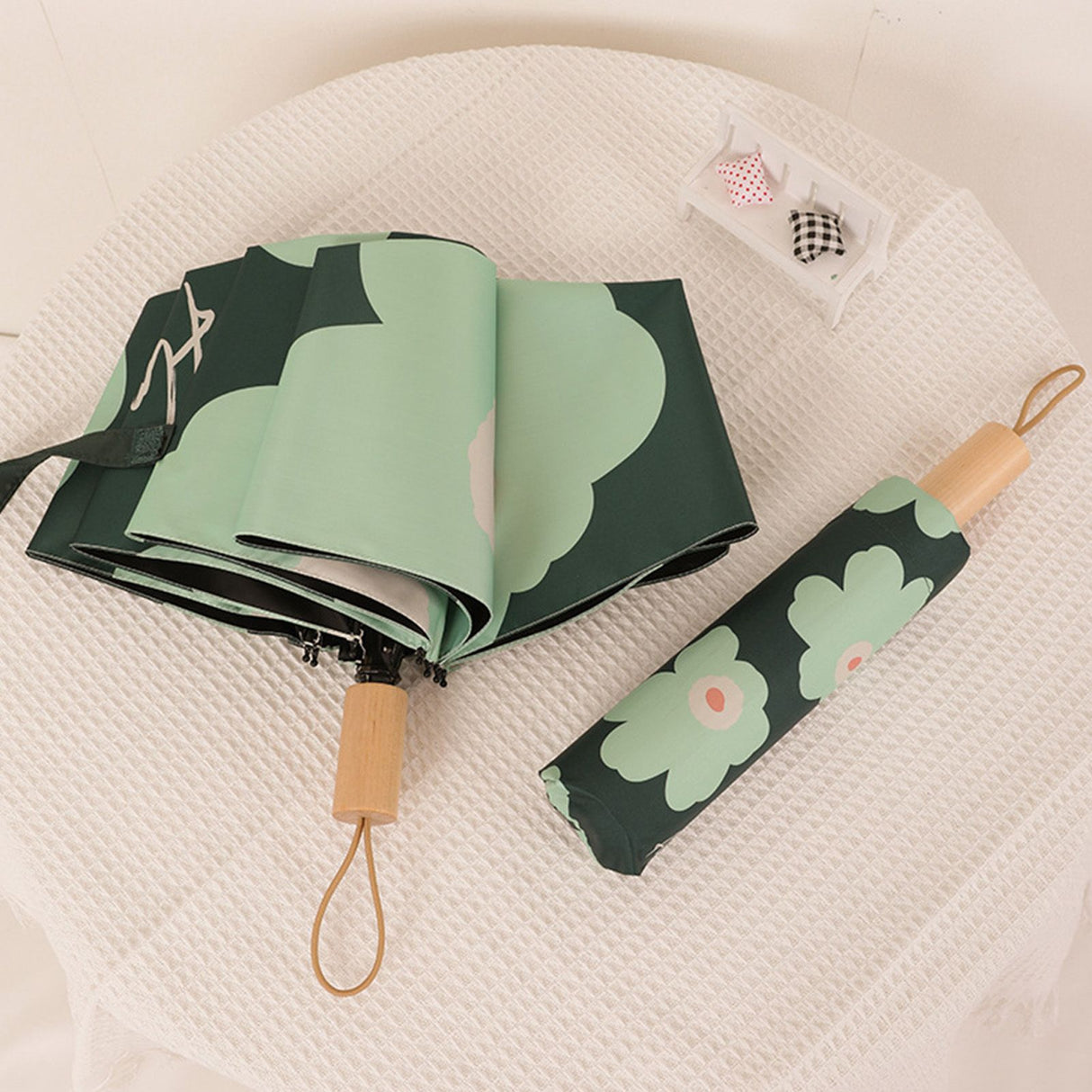 Flower Pattern Folding Umbrella UV Protection Foldable Rain Shine Dual Use Sun Umbrella for Travelling Blackish Green