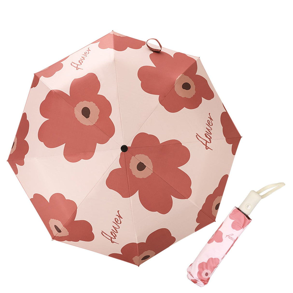 Flower Pattern Folding Umbrella UV Protection Foldable Rain Shine Dual Use Sun Umbrella for Travelling Red
