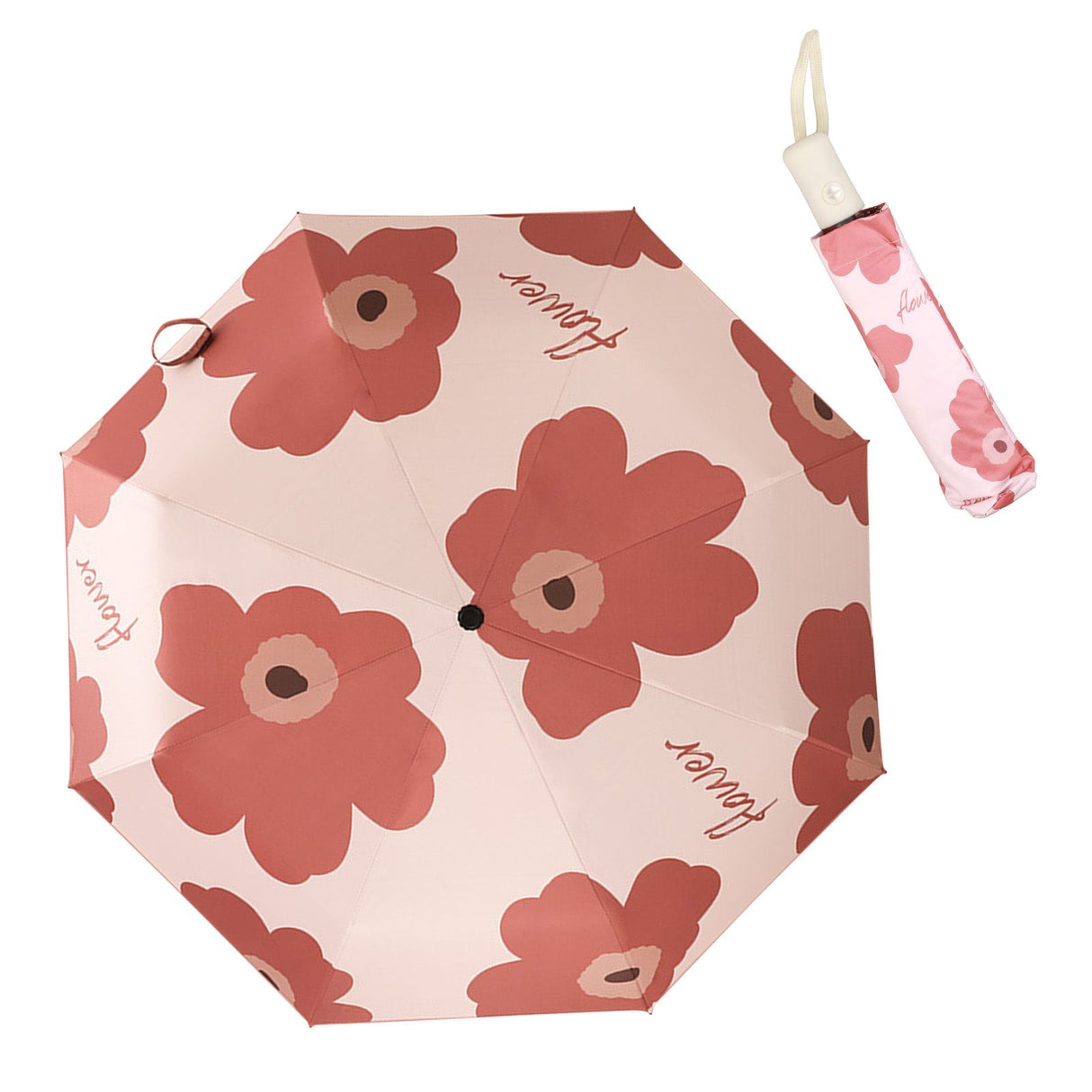 Flower Pattern Folding Umbrella UV Protection Foldable Rain Shine Dual Use Sun Umbrella for Travelling Red